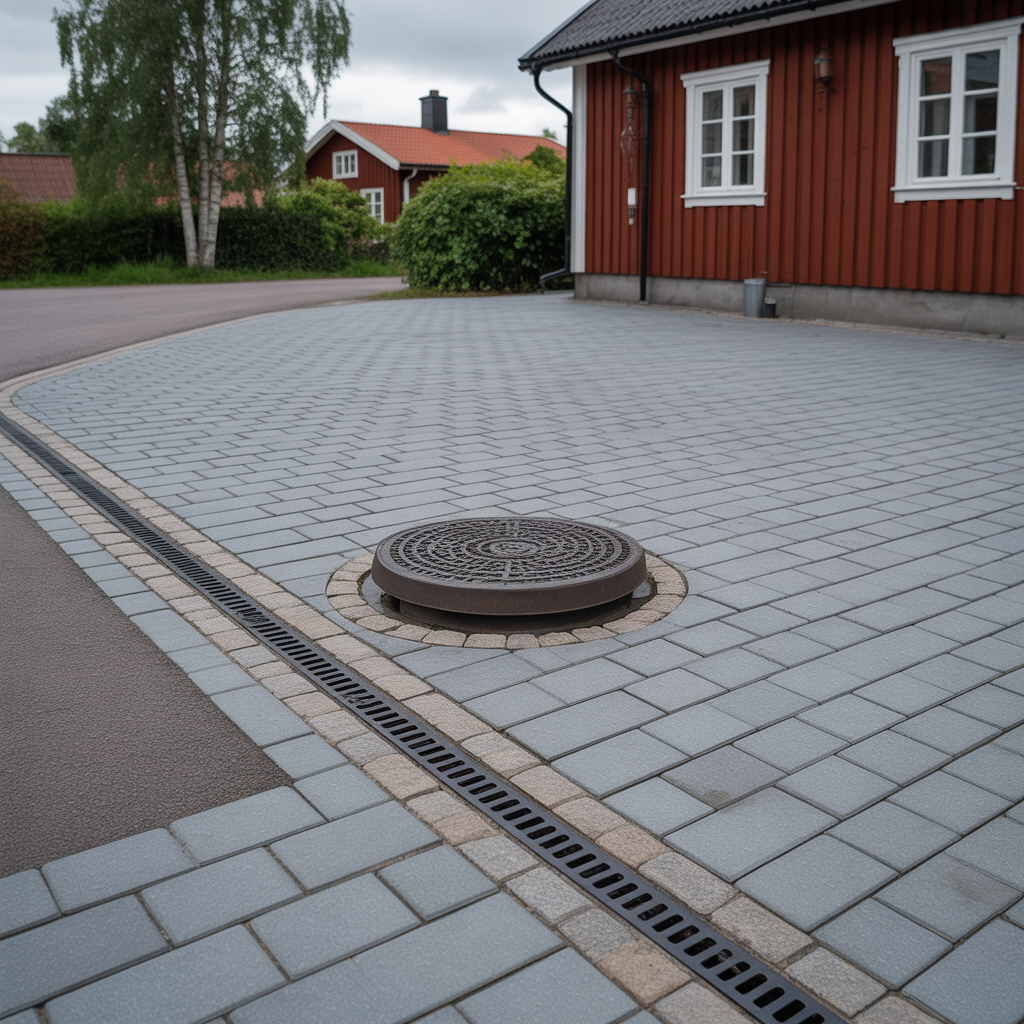 stenlaggning runt brunnar och lock fall fog och tatning