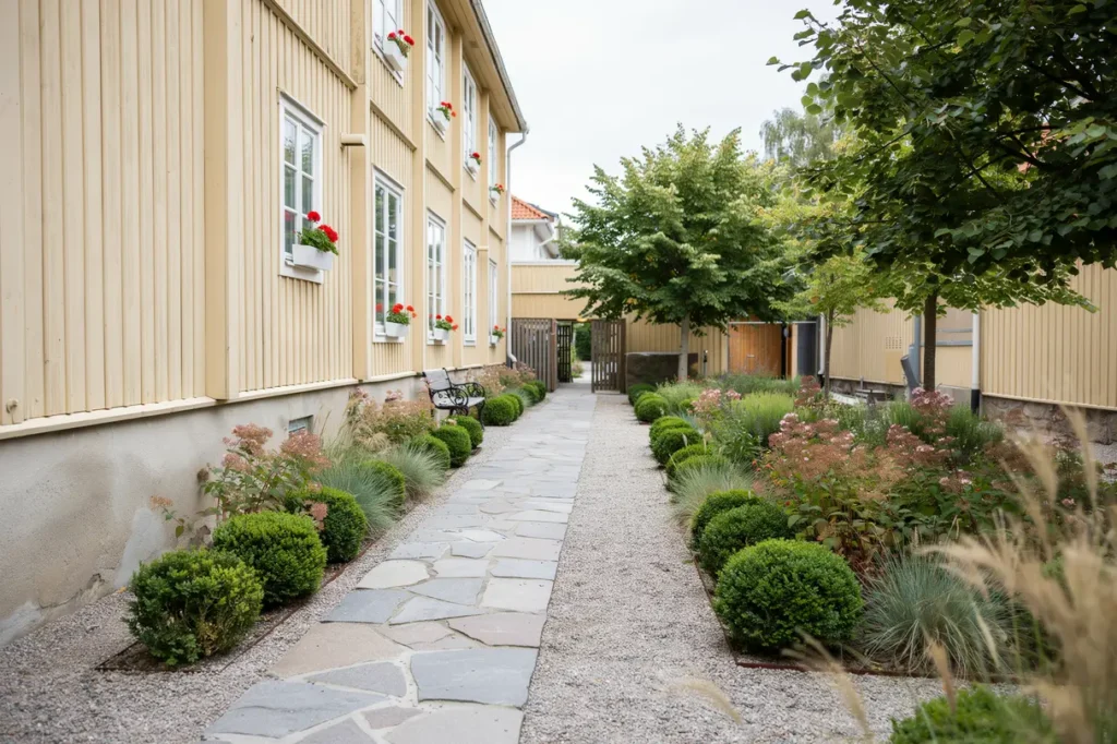 renovering av innerg rd med marksten och planteringsytor i skog s